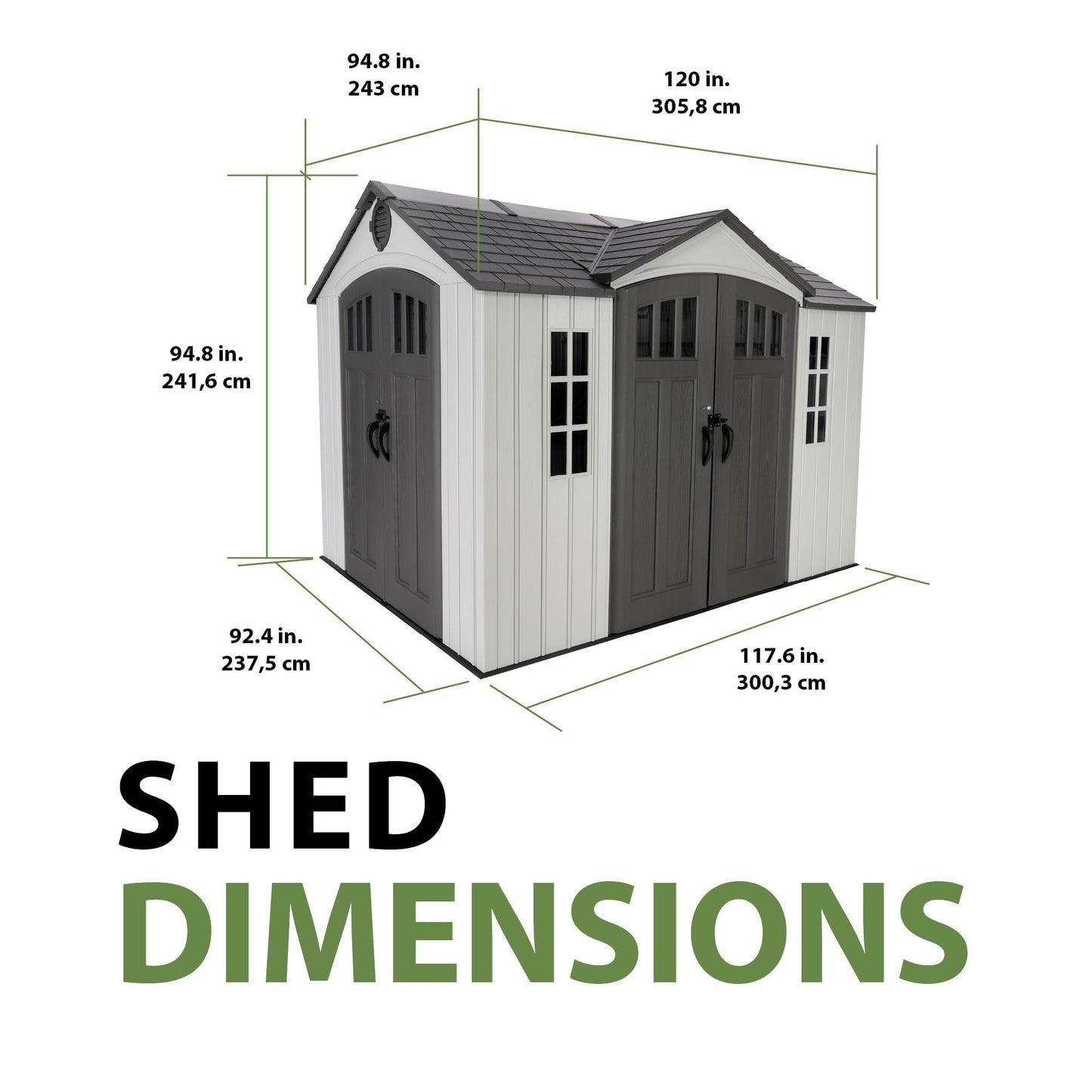 Lifetime Dual Entry Outdoor Storage Shed, 10x8 Ft, Gray, Resin Tool Shed with Double Doors