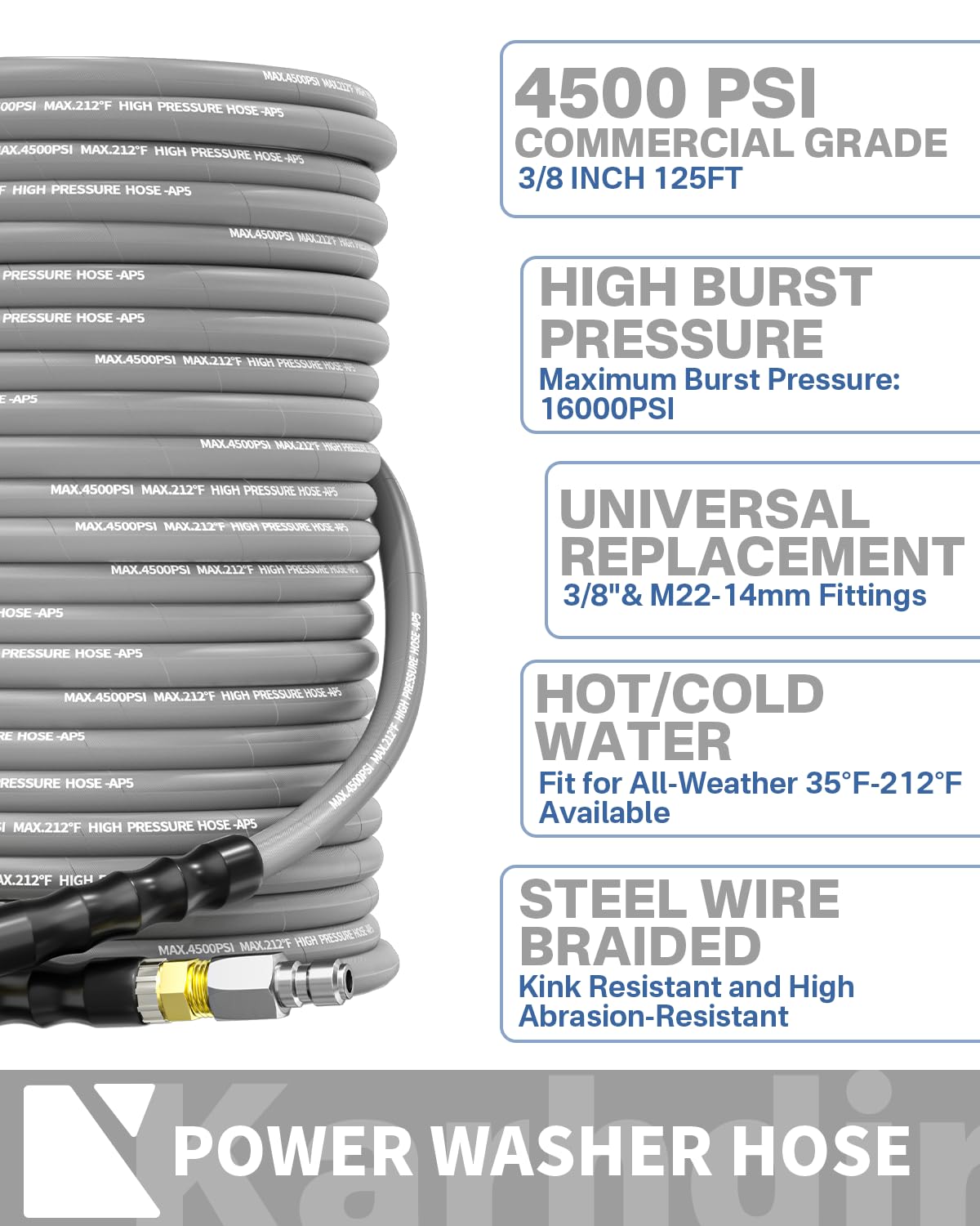KARHDIR Pressure Washer Hose 125FT 3/8" for Cold and Hot Water 212°F, with Swivel Quick Connect, 4500PSI Kink Resistant Grade Steel Wire Braided, Power Washer Hose With 2pcs M22-14mm Adapter