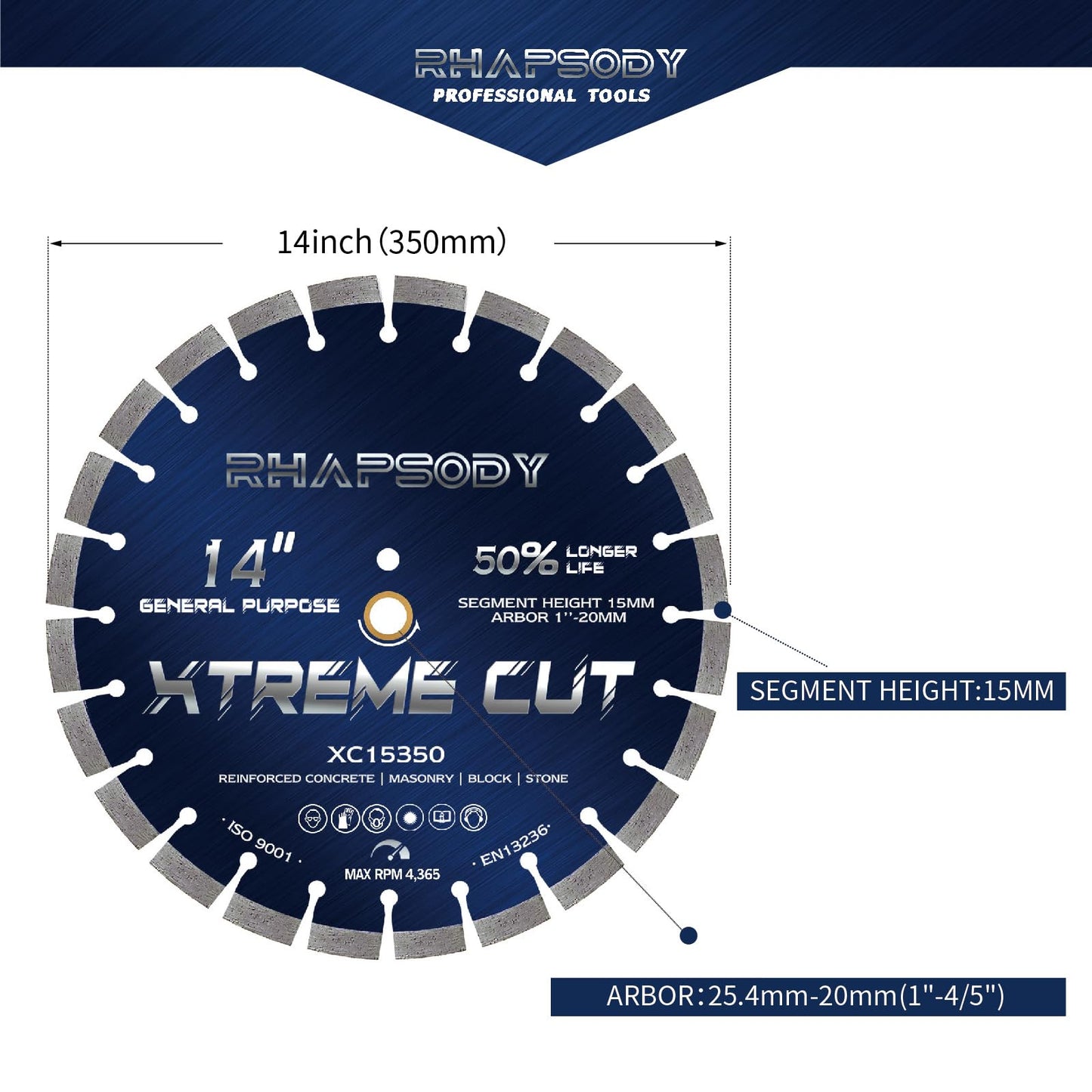 RHAPSODY 14 Inch Diamond Saw Blade 5Pcs, Segmented General Purpose for Dry/Wet Cutting Concrete, Reinforced Concrete, Masonry, Brick, Block - 1"-20mm Arbor