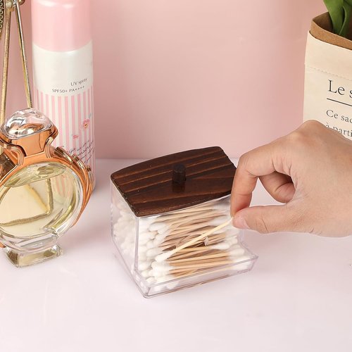 Hipiwe Acrylic Cotton Ball Holder - Clear Qtip Canister with Lid | Bathroom Organizer for Cotton Balls, Swabs, Pads - Brown