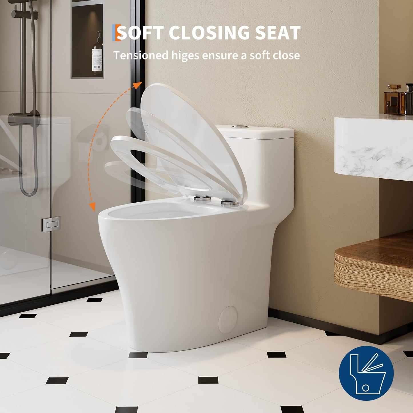 One-Piece Toilets, Low Water Tank, ADA 17.5" Seat Height, Water-Saving Design, Compact Modern Bathroom Toilet