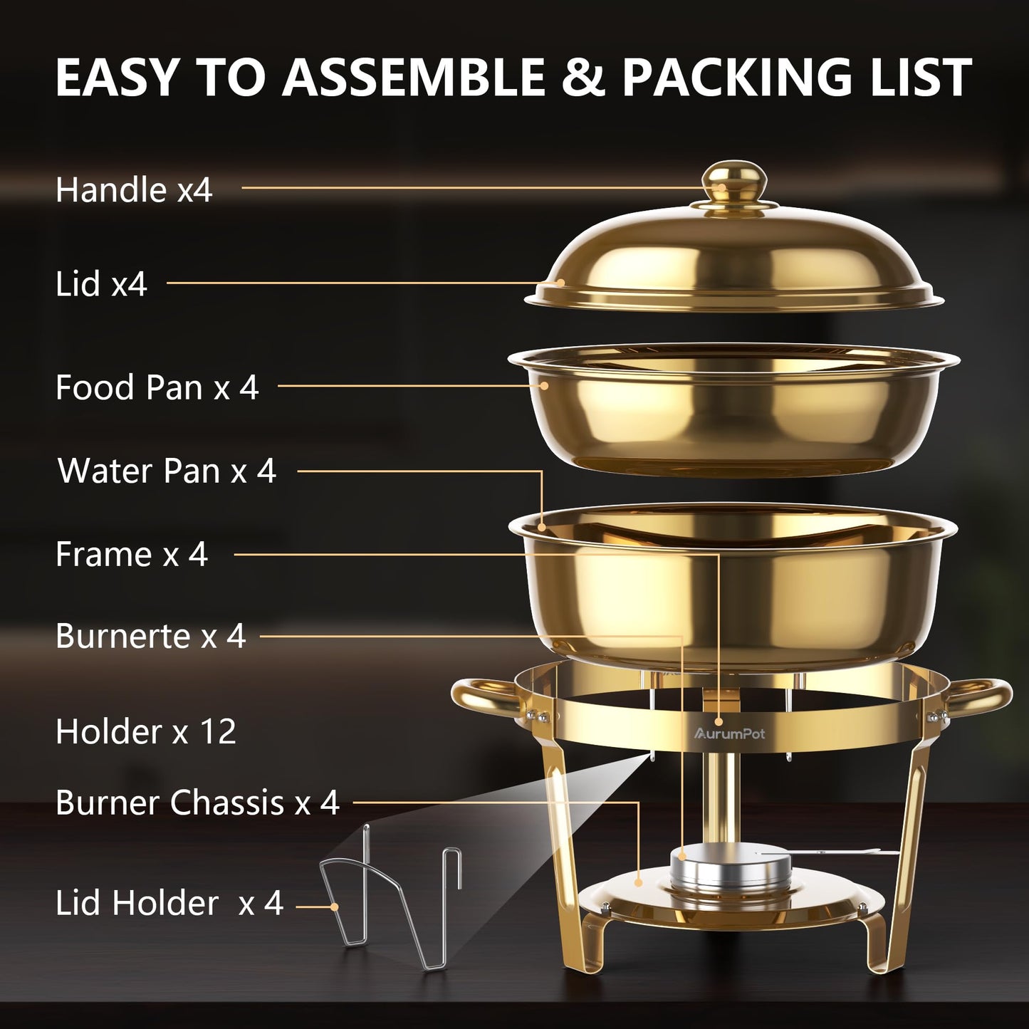 AurumPot Chafing Dishes for Buffet 4 Pack, 6QT Food Warmers for Parties Buffet, Christmas Gatherings [Elegant All-Gold Colors] Stainless Steel Round Chafing Dish Buffet Set,Buffet Servers and Warmers