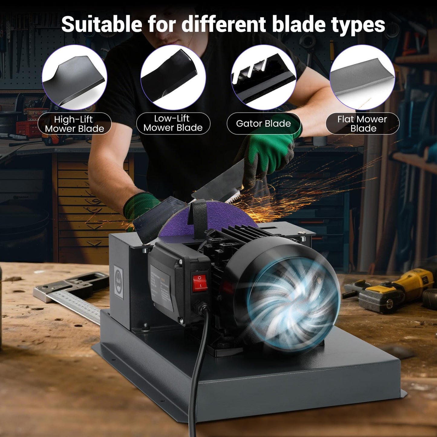 Lawn Mower Blade Bench Grinder,2/3HP 500W Lawn Blade Sharpener, Electric Lawn Mower Blade Sharpeners with 30° 40° Adjustable Brackets, 7 Inch Ceramic Sandpaperfor High/Low Lift, Gator, Flat Blades