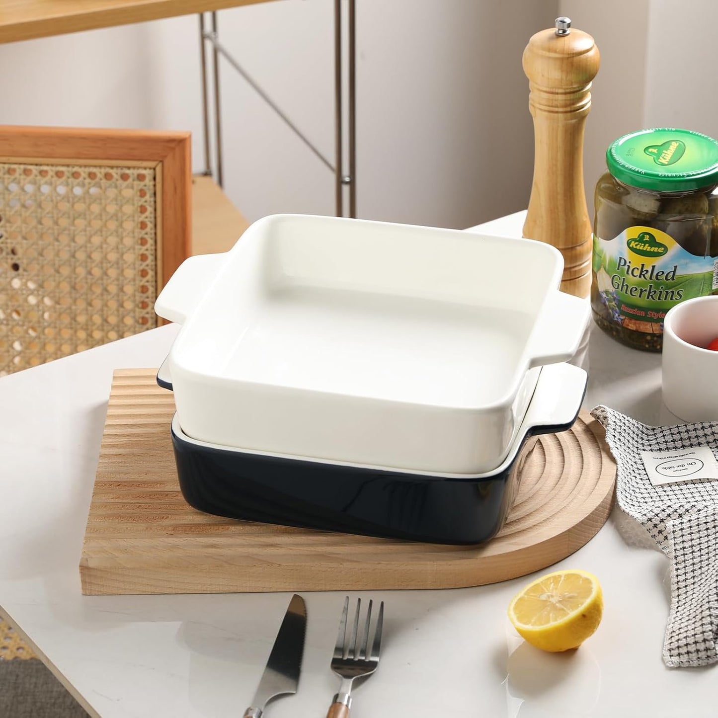 Sweejar Ceramic Baking Dish - 8 x 8 Square Bakeware with Double Handles for Casserole & Lasagna | Navy