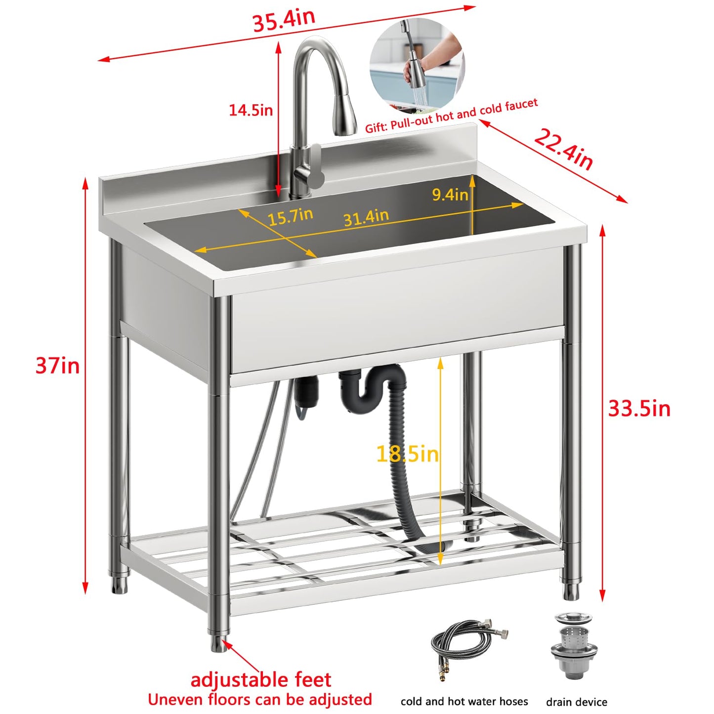 GGW Stainless Steel Large Utility Sink Single Bowl, Freestanding Laundry Sink with Pull-Out Faucet, Utility Sink for Laundry Room, Garage, Kitchen, Outdoor/Indoor Use, W35.4" x D22.4" x H37"