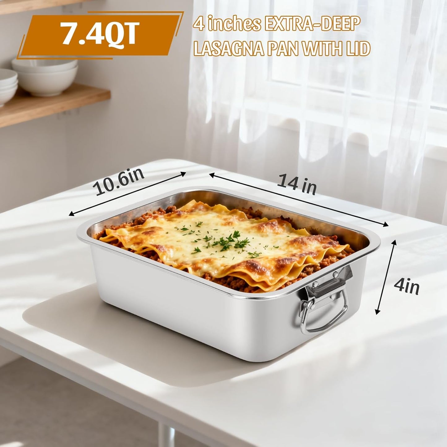 Skiennix 4-Inch Extra Deep Lasagna Pan - 7.4QT Stainless Steel Nonstick Baking Dish with Lid & Handles | 14x10.6x4 IN