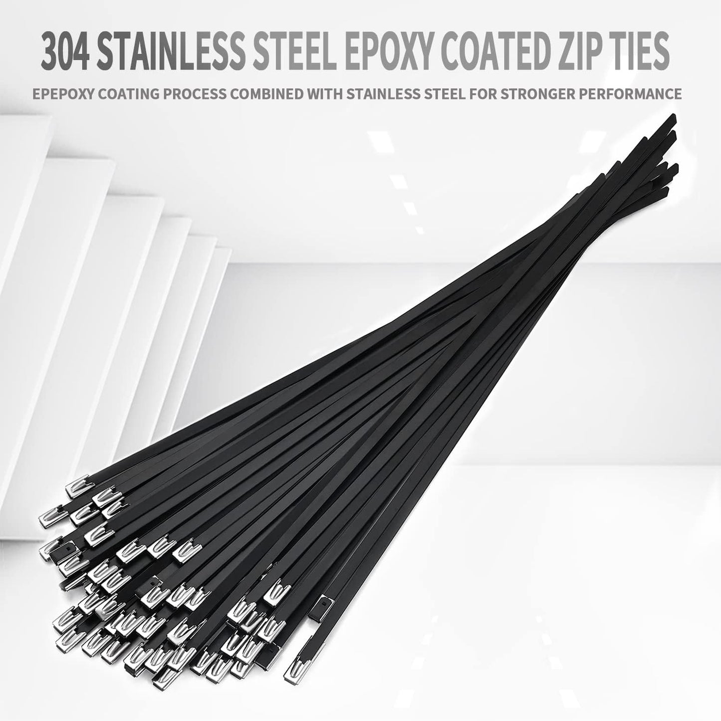 100pcs 11.8 inch 304Stainless Metal Zip Ties black steel Epoxy Coated Cable Tie Multi-purpose Self-locking Cable Ties