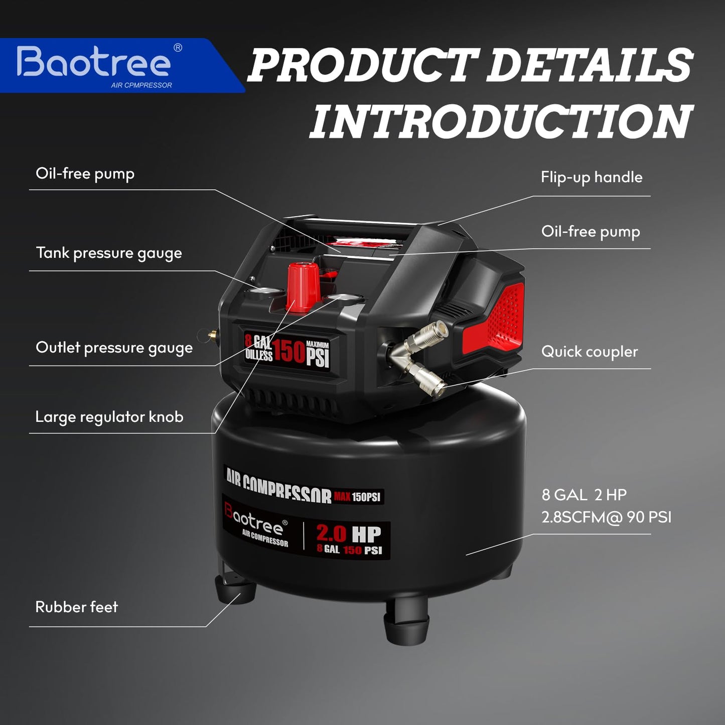 Baotree 8 Gallon Portable Air Compressor, Max 150PSI Oil Free Air Compressor Tank, 2HP Motor 2.8SCFM@90 PSI,3.8SCFM@40PSl Garage Air Compressors for Car Repair, Spray Painting, Woodwork Nailing