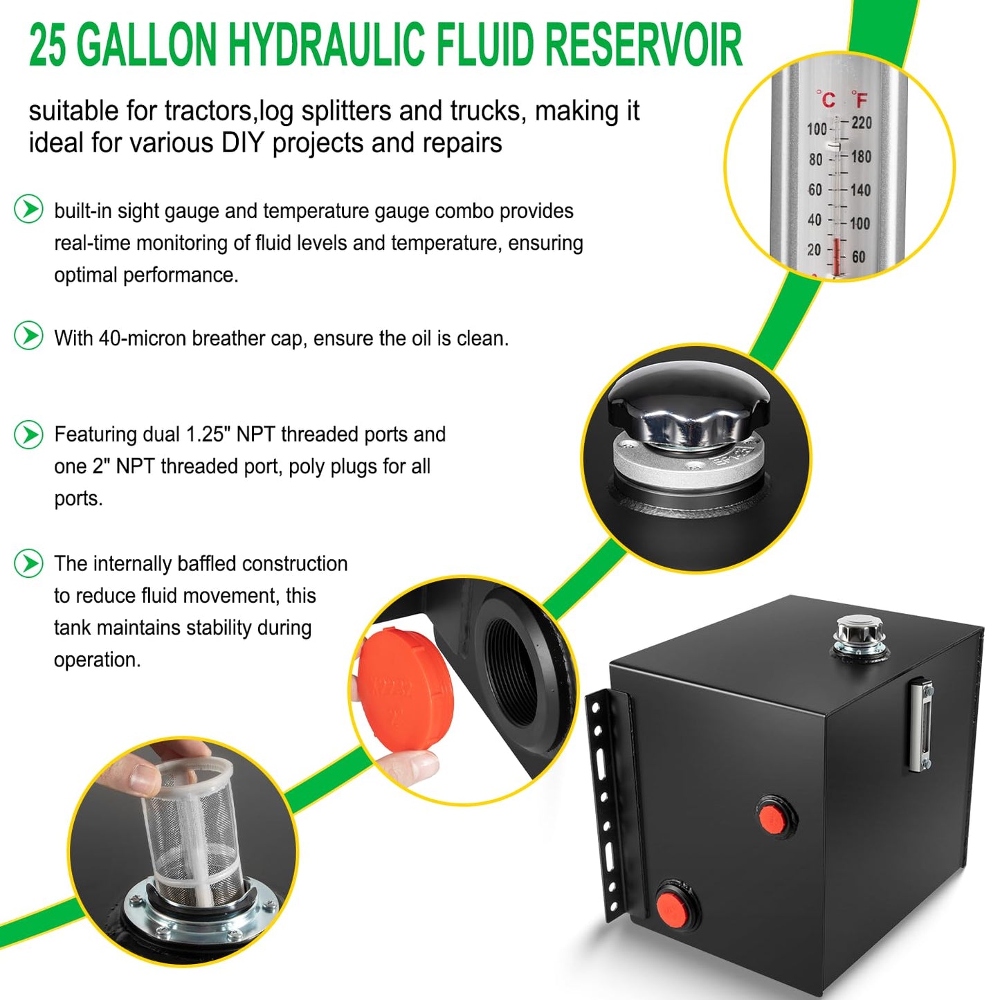 25-Gallon Hydraulic Fluid Reservoir Oil Tank For Tractors, Trucks & Log Splitters, Built-in Sight Gauge/Temp Gauge Combo, 2" Wide Fill Port, Heavy Duty Steel Construction, Side Vertical-Mount