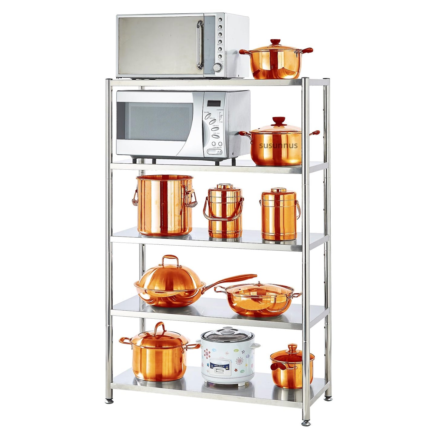 susunnus 5-Tier Stainless Steel Shelf, Heavy Duty Shelving for Kitchen, Garage, Industrial Storage, Kitchen Shelves Adjustable Feet, Easy to Clean (5T-35.8in*15.8in(Without guardrails))