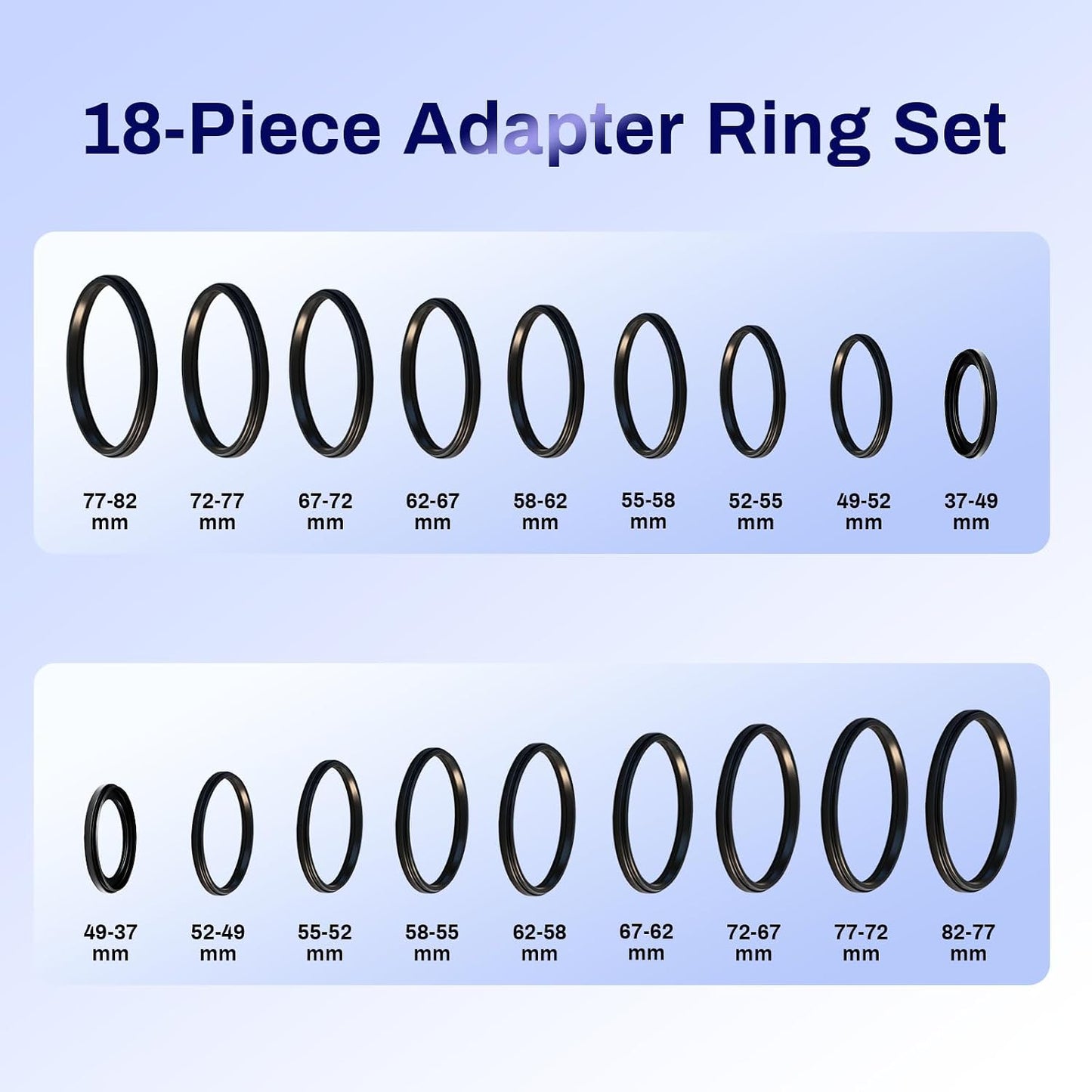 Wokyo 18 Set, 37 49 52 55 58 62 67 72 77 82mm PCS Lens Filter Adapter Ring Metal Step Up/Down Ring Adapter Filter