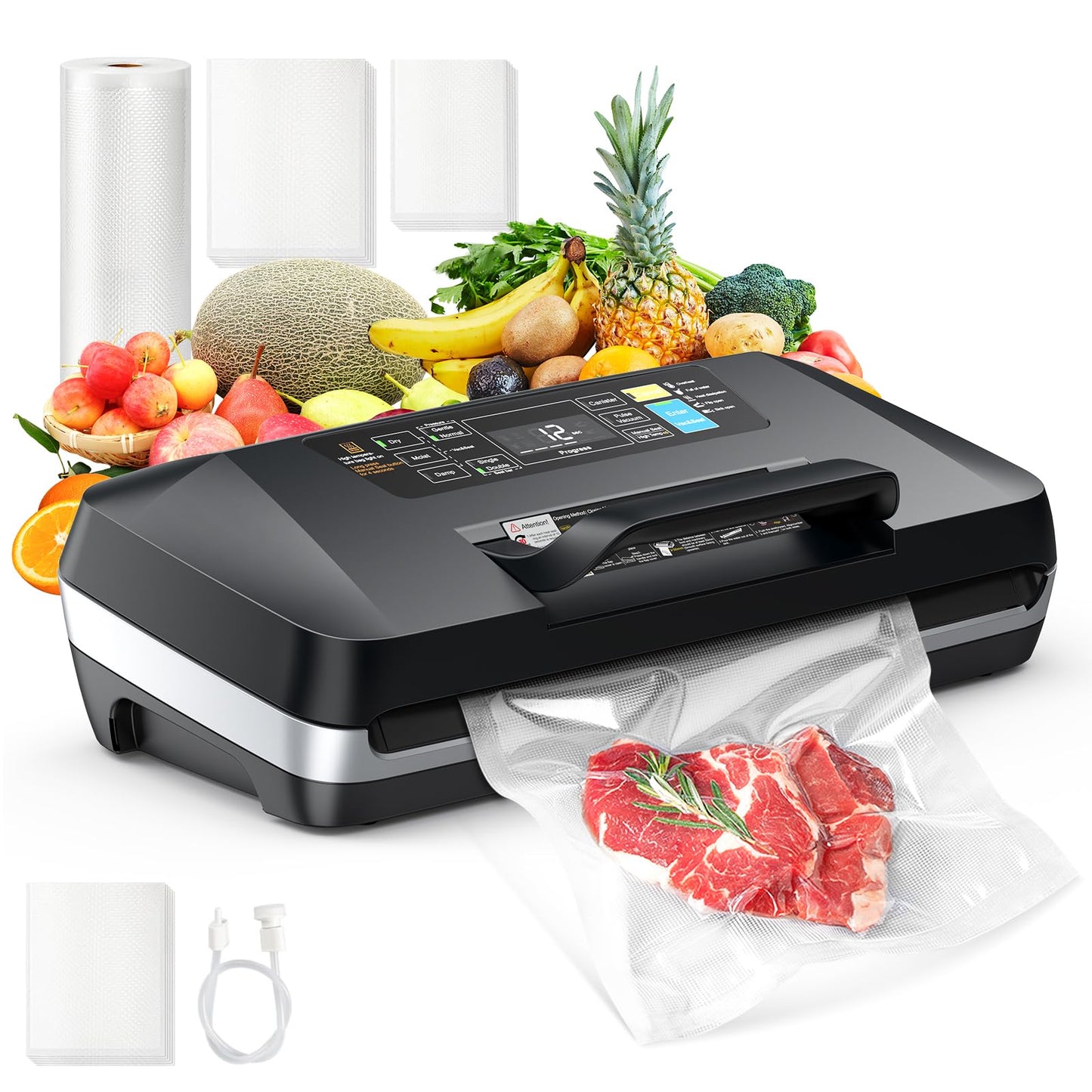 95KPa Vacuum Sealer Machine for food,Full Automatic with Double 12mm Heat Seal, 10in 1 Modes, Built in Cutter & Bag Storage, Includes 1 Roll and 10pcs Pre cut Bags