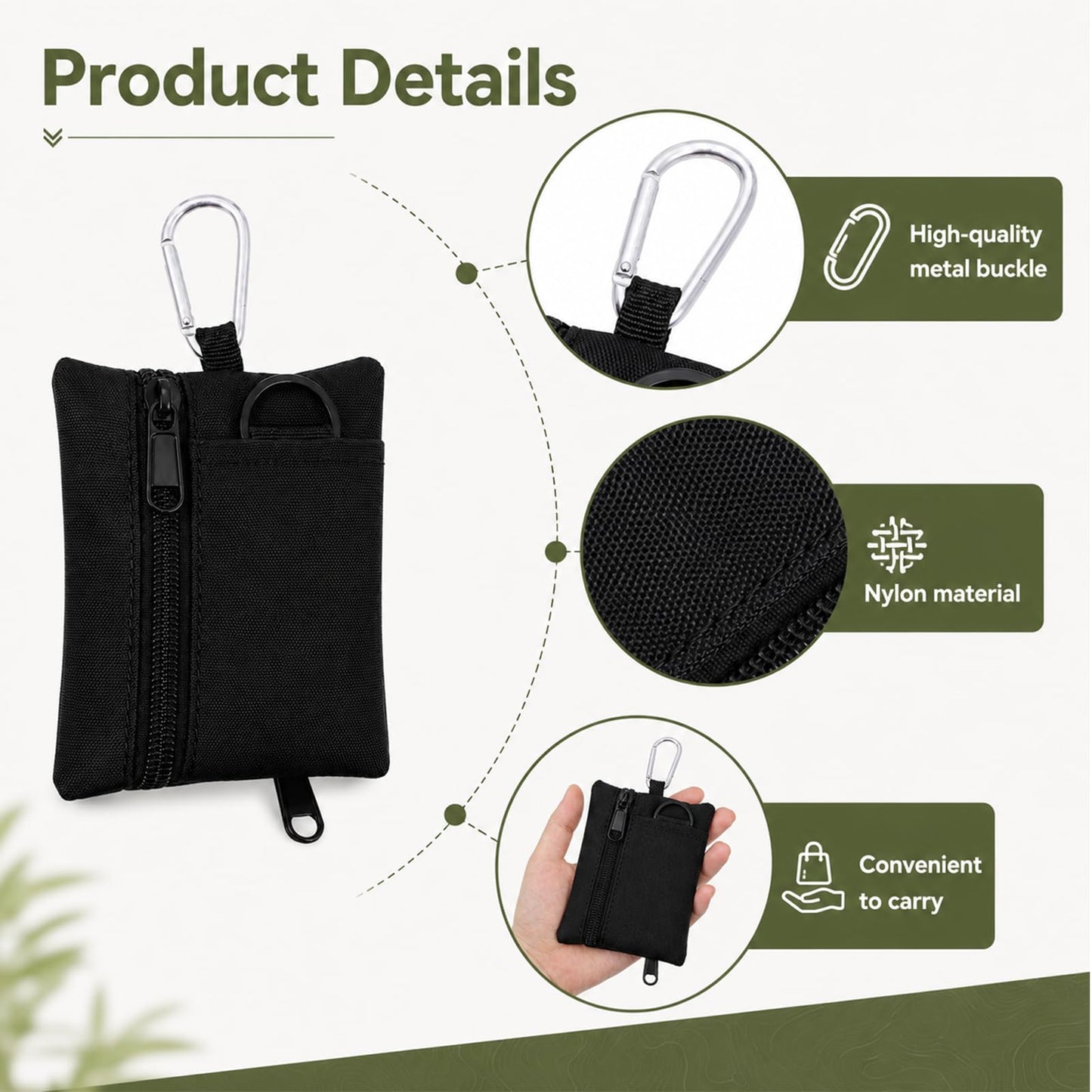 Mini Nylon Keychain Coin Purse, Mini EDC Utility Pouch with Carabiner, Pocket Organizer for Earphone, Car Key, ID Card, Backpack Camping Biking Hiking
