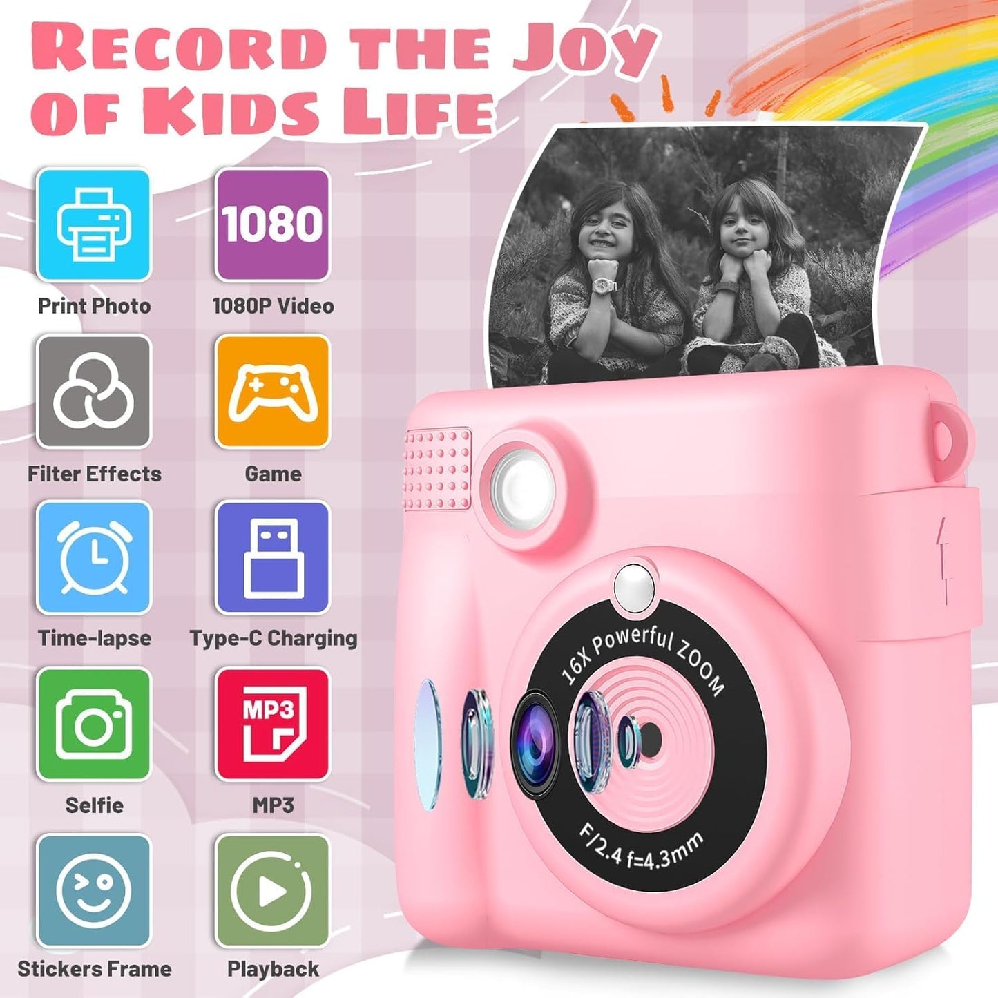 WEEFUN 16X 32G 2.4Screen 4 5 6 7 8 9 10 Kids Camera Instant Print, Safe Toddler Camera, HD Digital Cameras Digital Zoom
