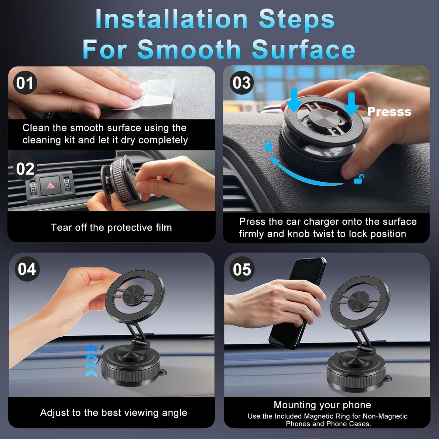 METINFUS Vacuum Magnetic Phone Holder for Car, 360° Ajustable Car Holders for Magsafe,Ultra Strong Suction Cup Phone Mount, Foldable Cell Phone Holders for Car/Gym/Mirror Bracket for iPhone & Android