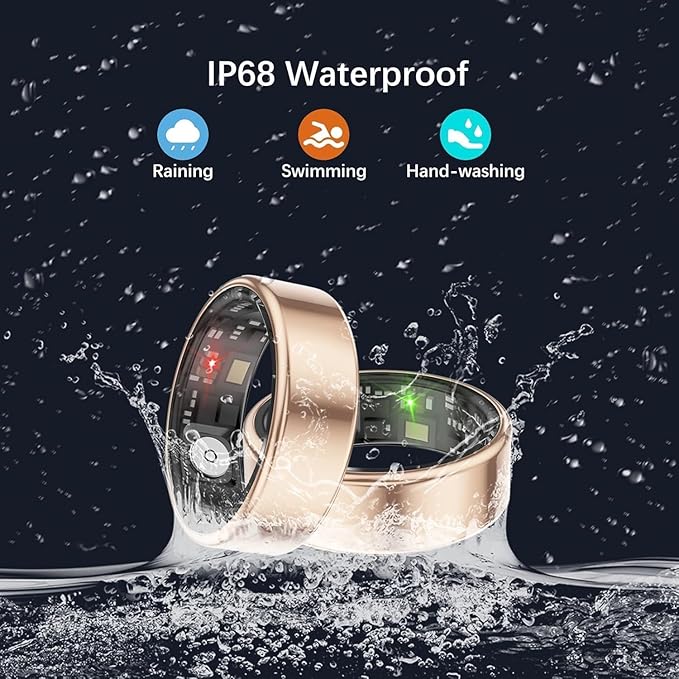 Smart Health Rings for Women Men, Fitness Tracker with Heart Rate, Blood Oxygen, HRV, Sleep Tracker, Step Tracker, No Subscription Fee, IP68 Waterproof Smart Ring for iphone & Android (Gold, 8#)