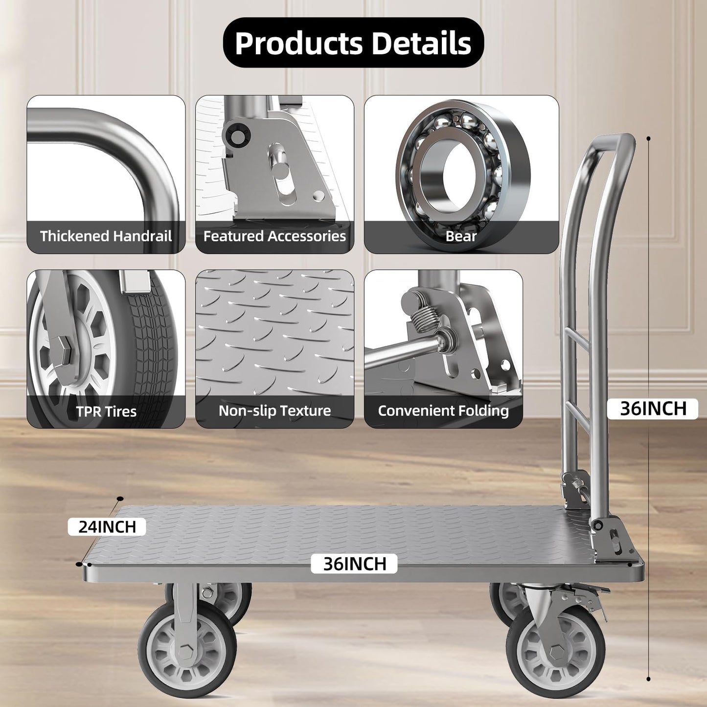Heavy Duty Platform Truck Cart, Flatbed Cart Folding Hand Trucks, 2200lbs, with 6" Swivel Brake Casters, Foldable for Easy Storage (36" x 24")