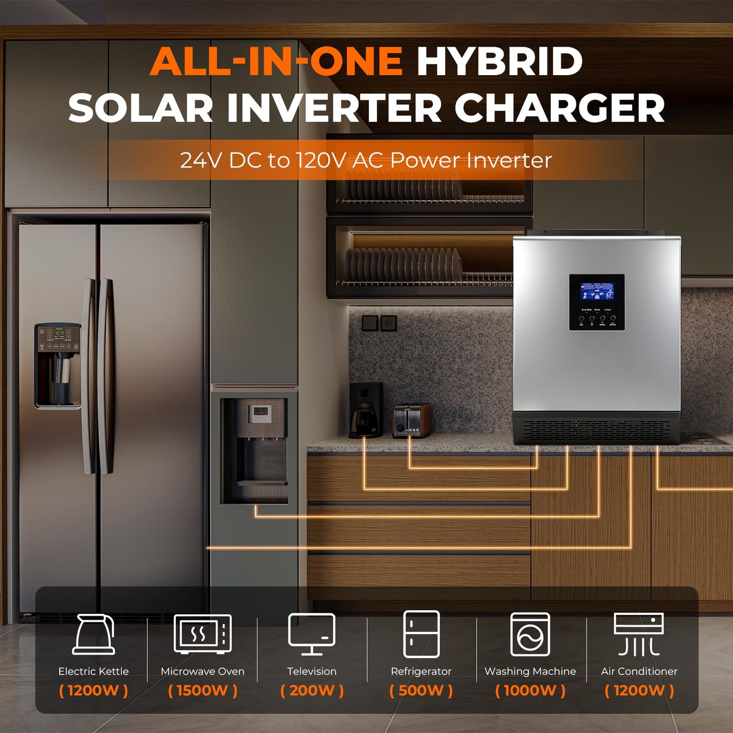 AuraSolar Hybrid Solar Inverter, 2400W 24V DC to 120V AC Pure Sine Wave Power Inverter, Built-in 50A Solar Charge Controller with LCD Display, for Off-Grid Home Backup RV, AGM/Gel/FLD/Lead-Acid