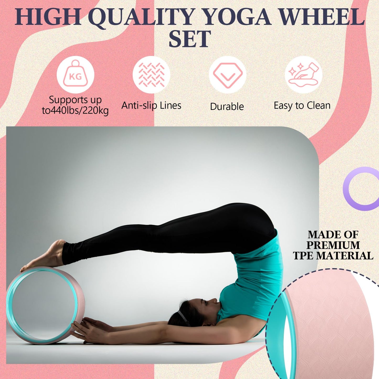 Arrowbash 5 Pack Yoga Wheel Set Back Stretcher Wheel for Deep Tissue Massage Foam Roller for Back Pain Relief & Stretching, Trigger Point Therapy Ball, Resistance Loop Exercise Bands, Massage Roller