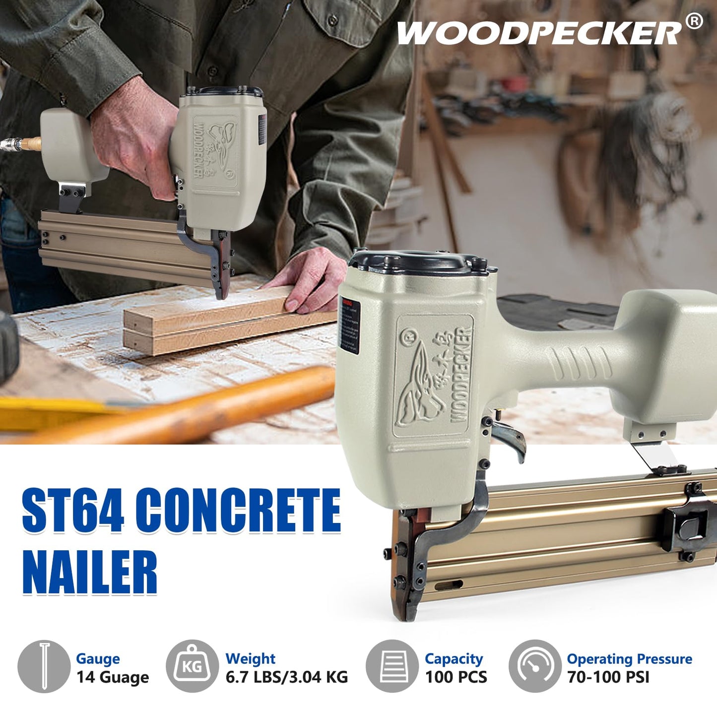 WOODPECKER ST64 Pneumatic Concrete T Nailer Kit with 1-1/2-Inch (38mm) T Nails × 800PCS