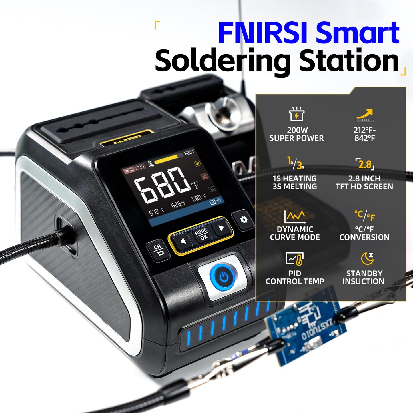 FNIRSI DWS-200 200W Precision Digital Soldering Station Kit, with 3 F210 & 6 F245 Soldering Iron Tips and 2 Helping Hands, Temp Value & Curve Mode, 3 Temperature Storage, Full-Color Display