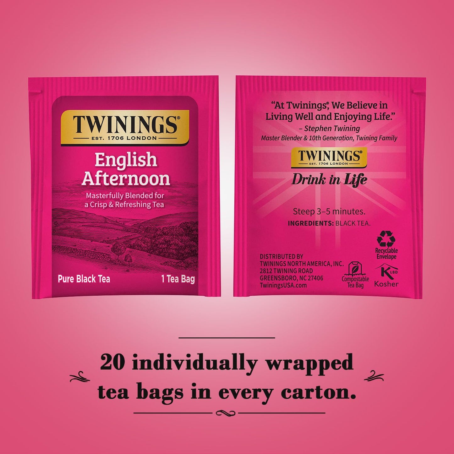 Twinings English Afternoon Tea - Refreshing Caffeinated Black Tea Bags, 2-Pack of 20 Count Each