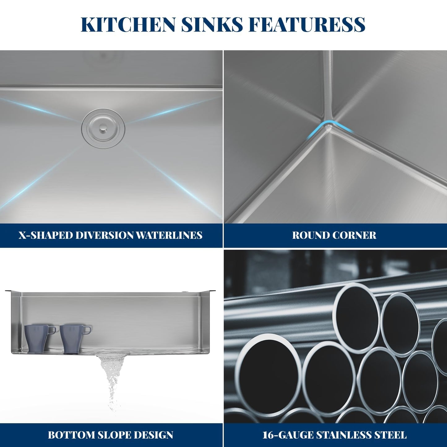 GarveeHome Kitchen Sink - 33 in Single Bowl Stainless Steel Undermount Sink, 16 Gauge Commercial Grade with Easy Drain System & Brushed Nickel Finish