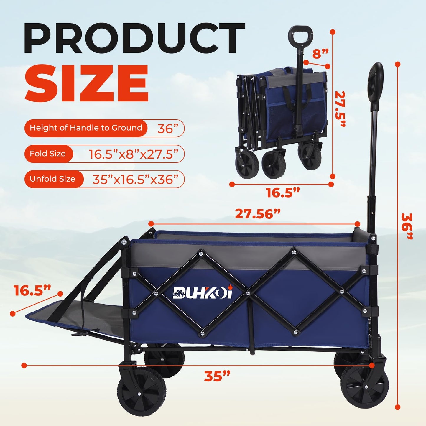 Compact Foldable Tailgate Wagon Cart with Wheels, 12 lb Lightweight Small Folding Utility Wagon for Garden, Grocery, Beach, Camping - Portable Cart (Blue)