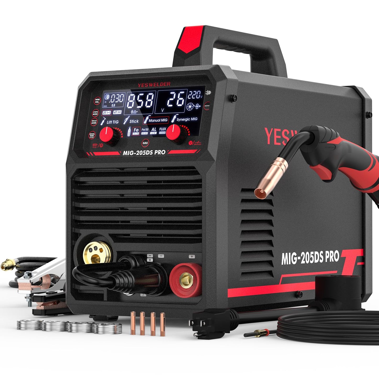 YESWELDER MIG-205DS PRO MIG Welder 5 in 1 Gas MIG/Flux Core MIG/Spool Gun MIG/Lift TIG/Stick & 50 LB Welding Magnet-4 Pieces of Magnetic Welding Holder 50 LBS Holding Power Welding Accessories