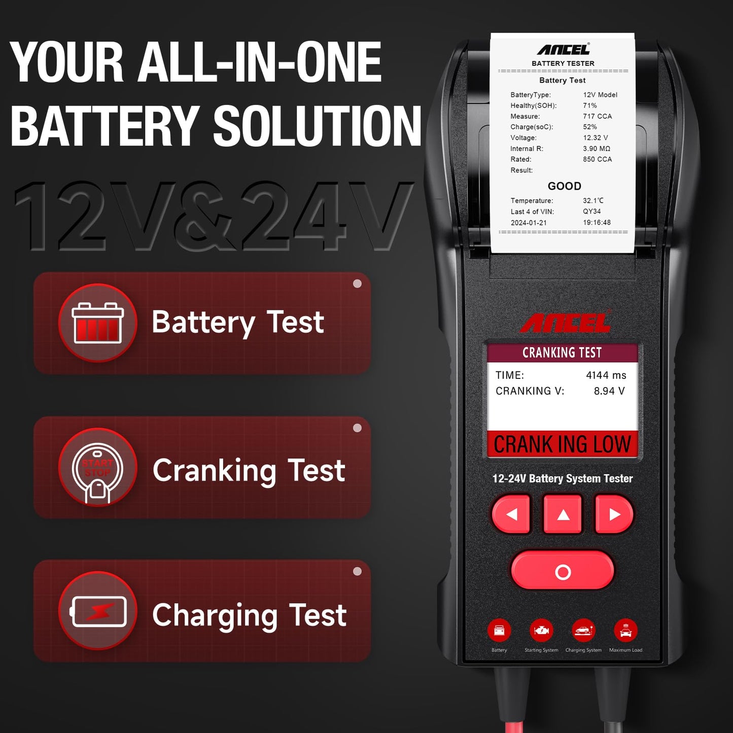 ANCEL BST600 12V 24V Battery Tester with Printer, 100-2000 CCA Lead-Acid Battery Alternator Tester, Cranking Charging System Analyzer for Cars Trucks RV Marine Motorcycles