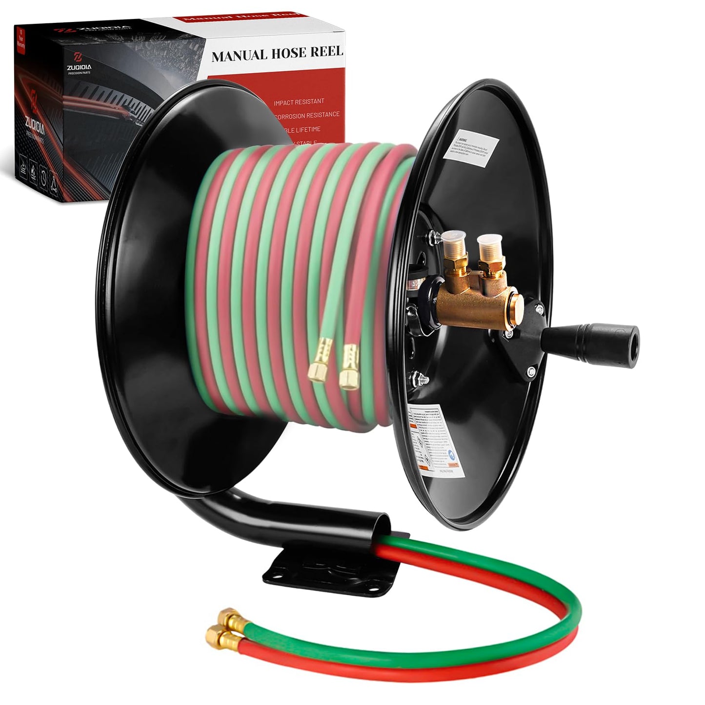 Manual Twin Welding Hose Reel, Holds 100 ft of 3/8" or 1/4" Gas Hose, Heavy-Duty Steel Construction with Universal Mounting Bracket for Wall, Ceiling or Cart