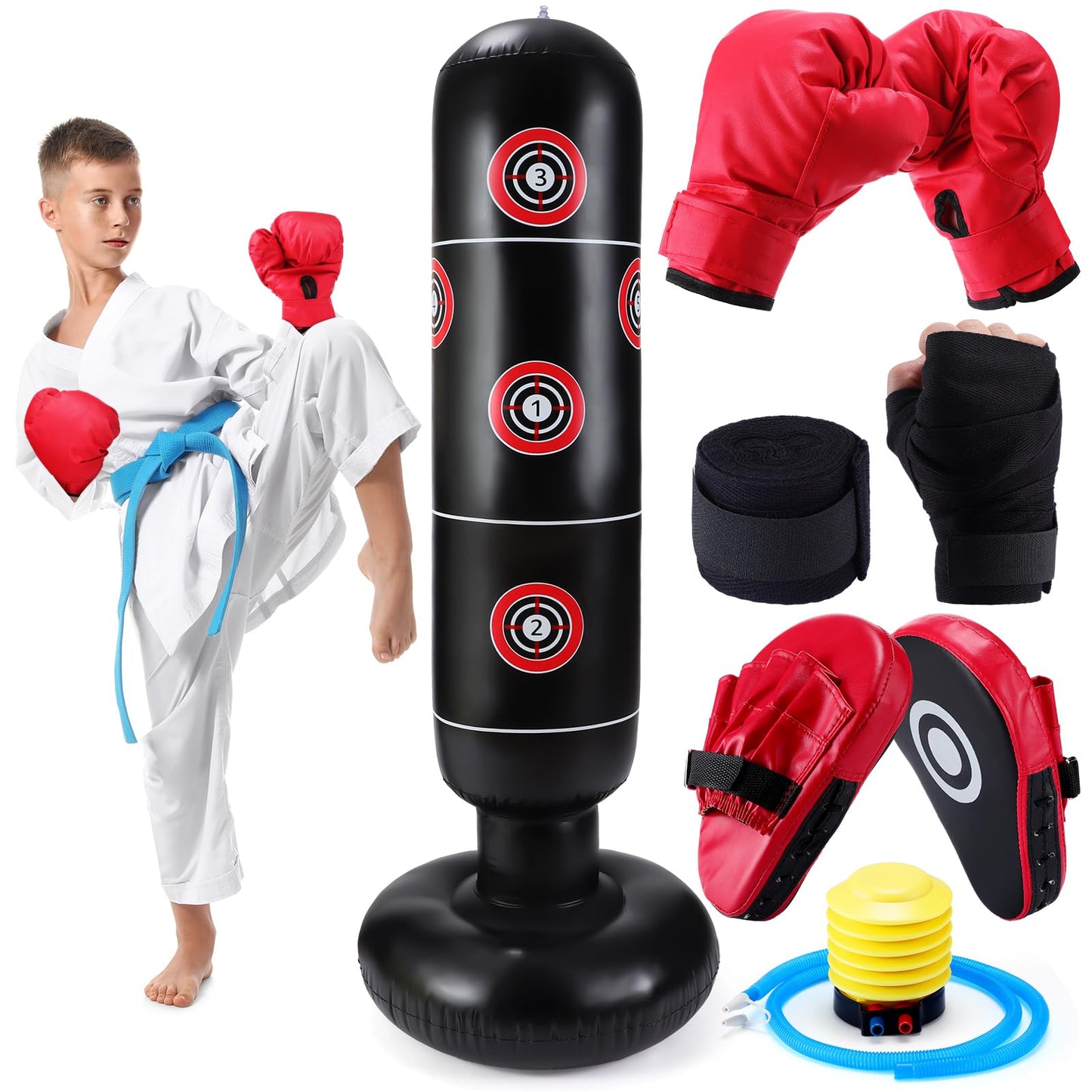 7 Pcs Kids Punching Bag Set Include Boxing Gloves, Inflatable Punching Bag, Hand Wraps, Hand Pads, Air Pump, Kids Boxing Training Set for Karate Kickboxing Taekwondo(Red)