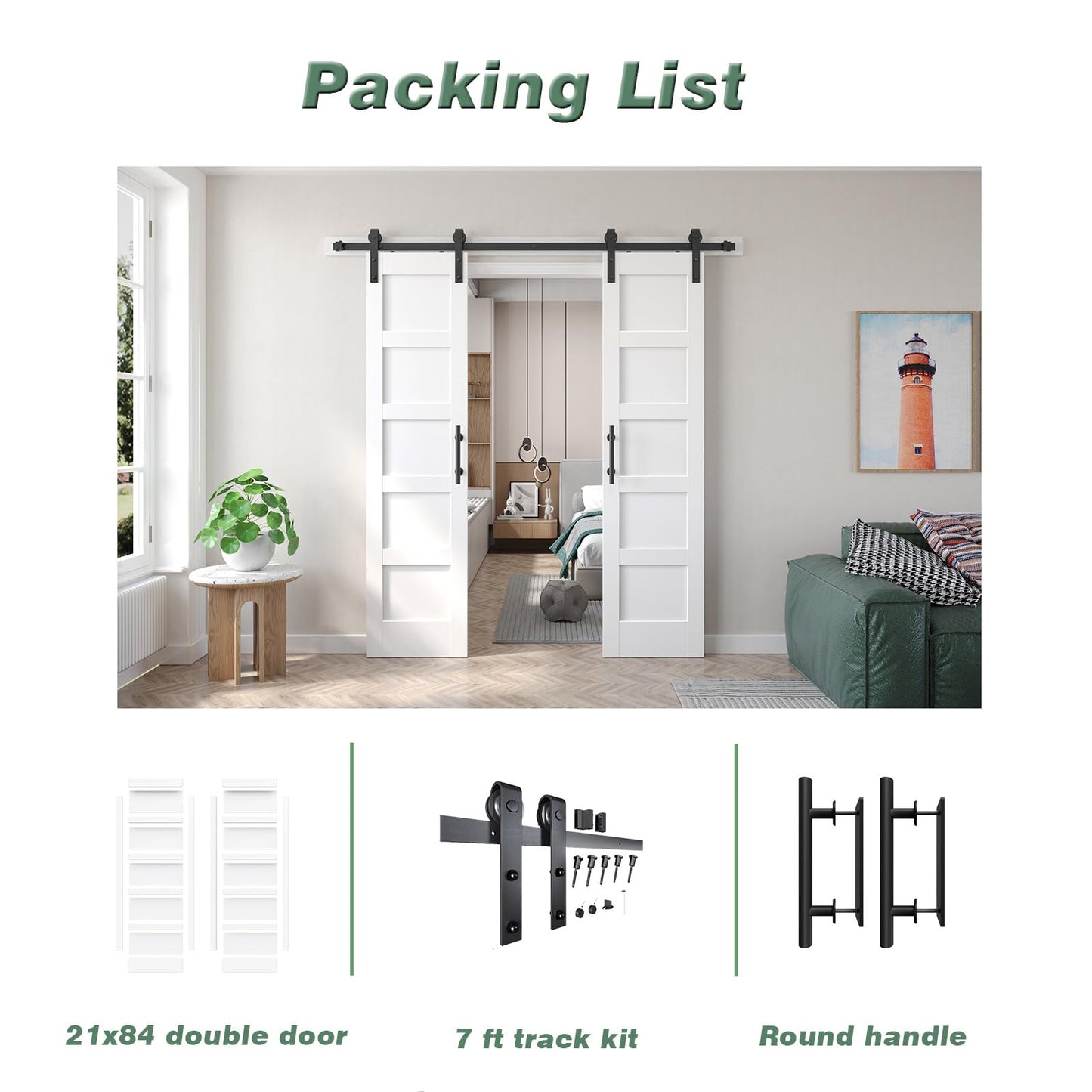 Fredbeck Double 21inx84in White Barn Door and 7FT Sliding Barn Door Hardware Kit Included,Solid,MDF, PVC Surface,DIY Assembly,5-Panel,Fit 38in-41in Opening