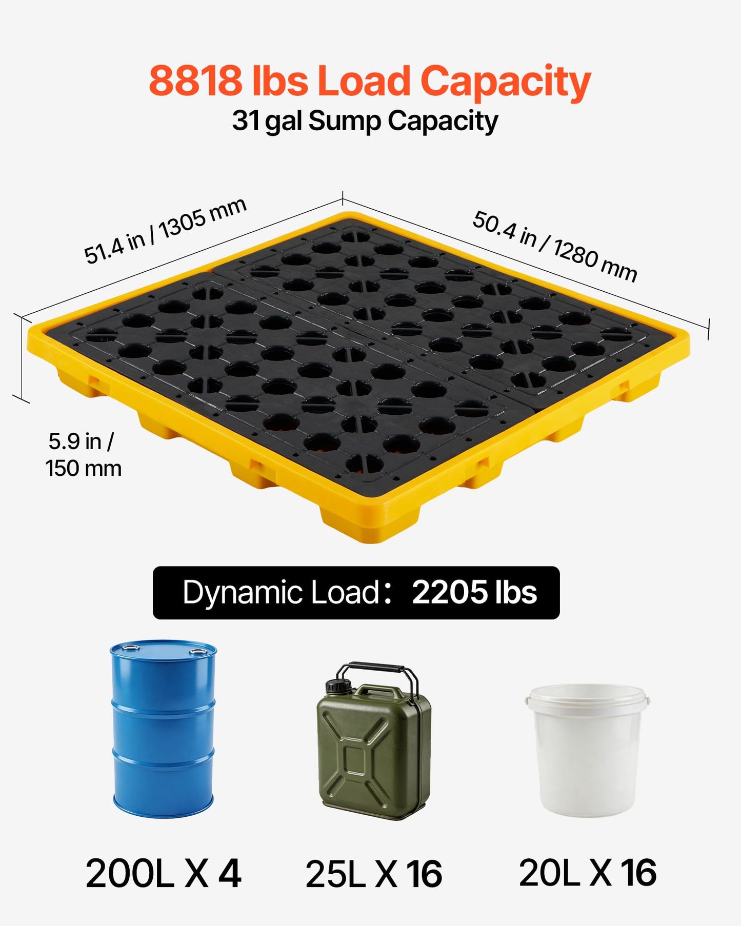 VEVOR Spill Containment Pallet, 4 Drum Low Profile Spill Containment Modular Platform, 31 Gallon Sump, 8818 lbs Load Capacity, Heavy-Duty Polyethylene Tray with Drain, 51.4" x 50.4" x 5.9", Yellow