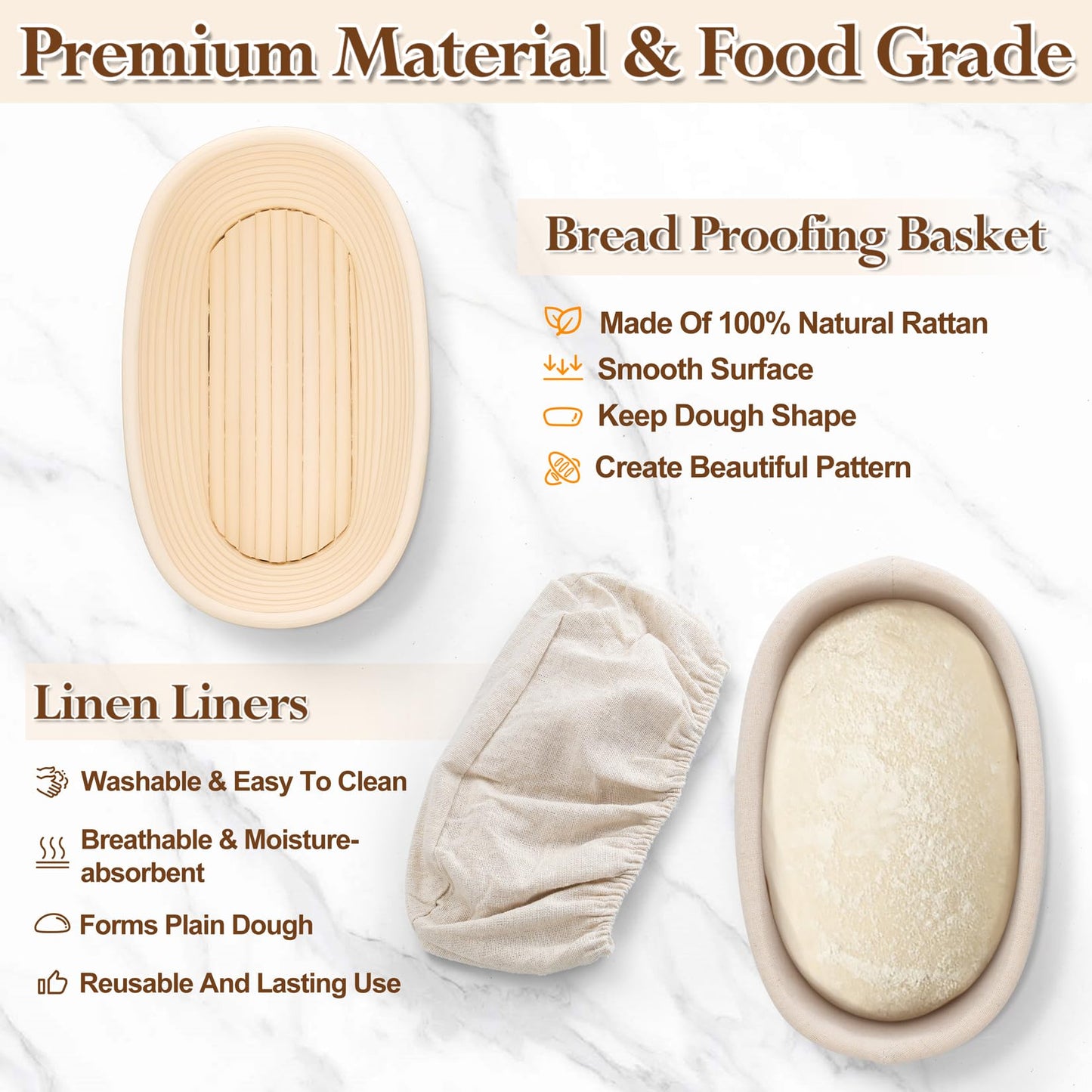 P&P CHEF Sourdough Bread Proofing Basket Set of 2, 10 Inch Oval Dough Proofing Bowls, Sourdough Bread Baking Supplies for Bakers, Handmade Rattan Baskets with Cloth Liner
