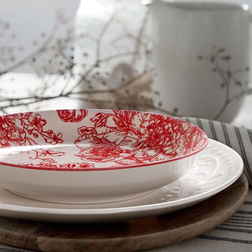 Artena Pasta Bowls Set - 4 Colorful 26oz Porcelain Serving Bowls | 8 Inch Microwave & Oven Safe Red Rose