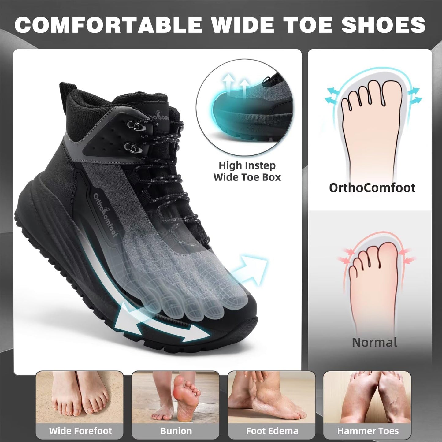 Men's Orthopedic Wide Hiking Boots: Comfortable Plantar Fasciitis Orthotic Arch Support Bunions Recovery Trail Sneakers, Leisure Gowalk Diabetic Stylish Standing Walking Shoes Black Size 11