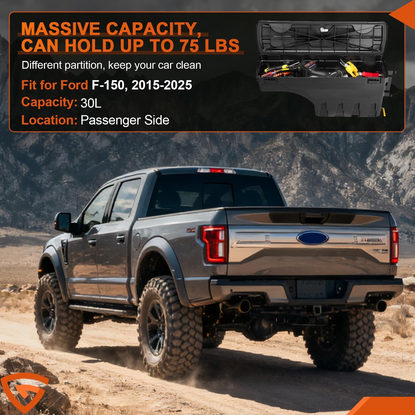 GEARLAST Truck Bed Storage Box With Password Lock Fit for Ford F-150 2015-2025, Passenger Side,30L, Black