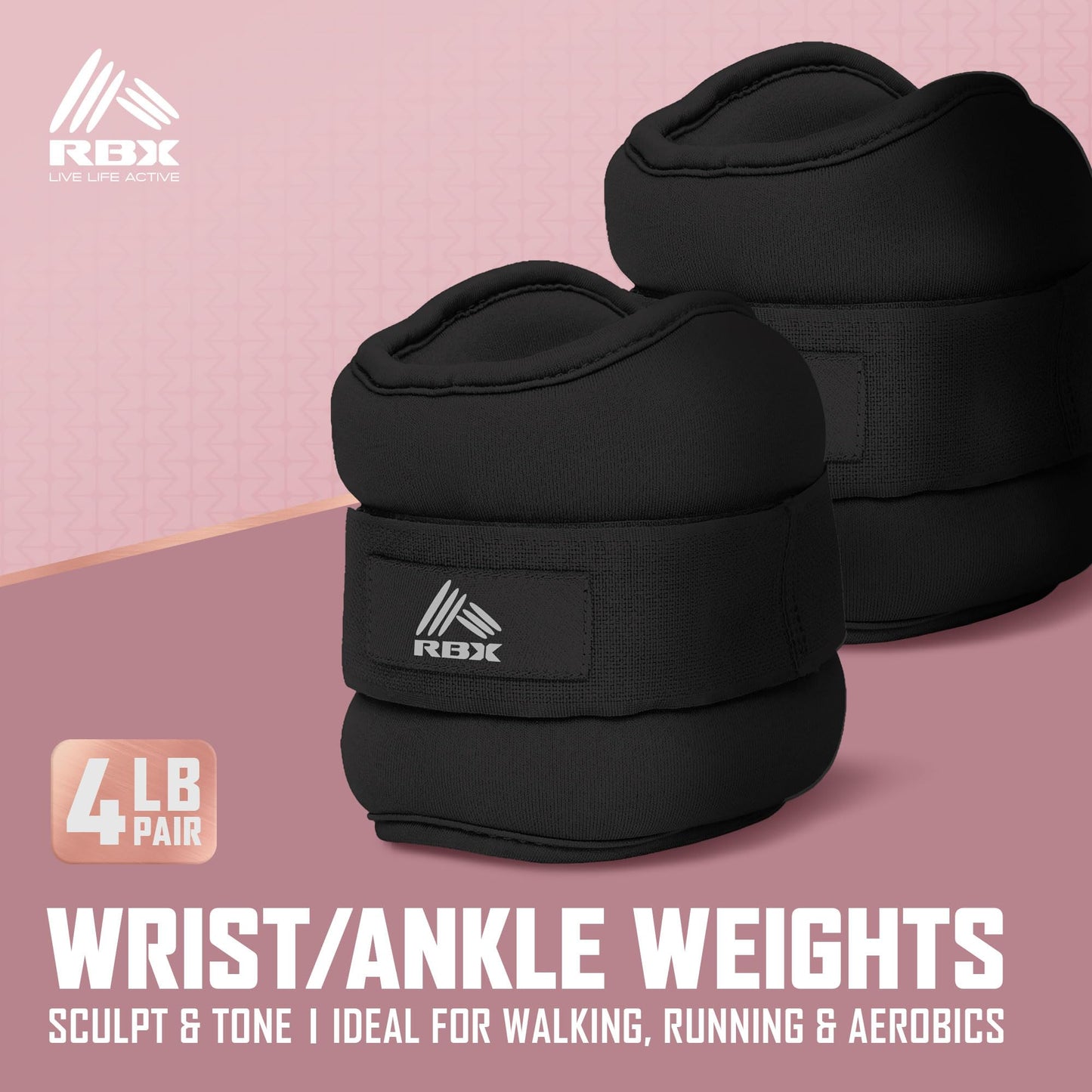 RBX Wrist & Ankle Weights Set, Adjustable Comfort Fit for Training & Toning (Black, 4lb (2lb Each))