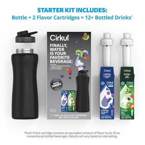Cirkul 32oz Matte Black Stainless Steel Water Bottle Starter Kit - Includes 2 Flavor Cartridges