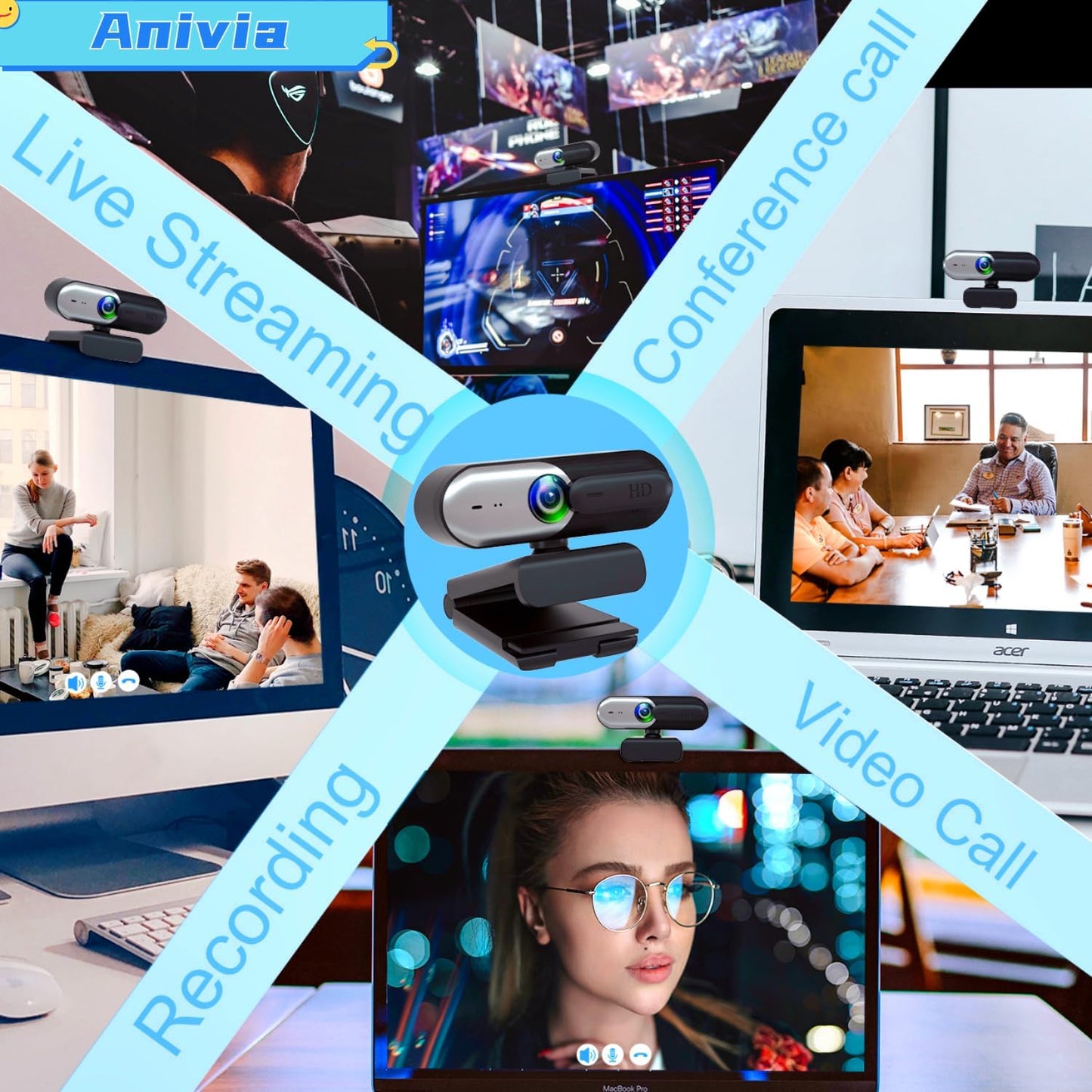 Anivia 1080P PC/Mac/Macbook/Tablet-1 Webcam with Privacy Slide Cover for PC, Web cam for Laptop Computer Camera