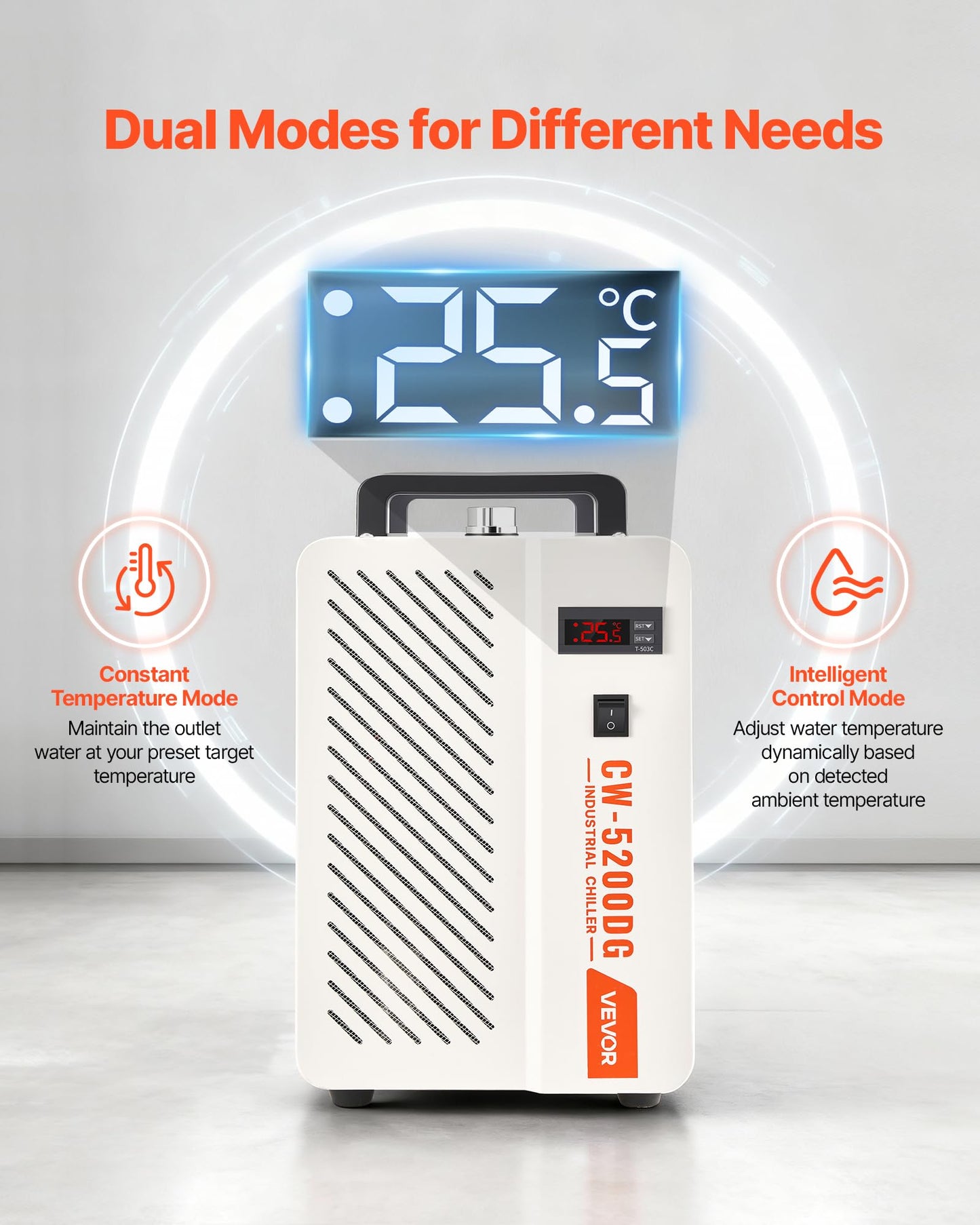 VEVOR Industrial Water Chiller, 5460 BTU/h, Industrial Water Cooler Cooling System with Compressor, 1.8  Gal Tank Capacity, 3.4 GPM Max Flow, Laser Chiller, for CO2 Laser Engraving & Cutting Machine