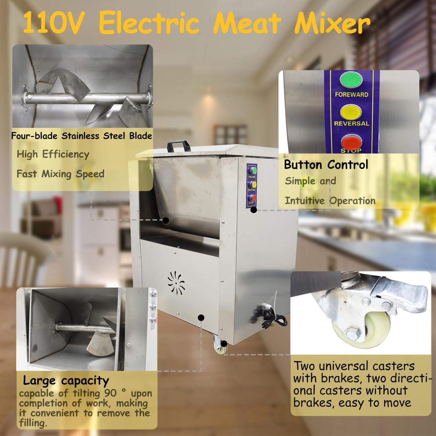 Banfluxion 110V Commercial Electric Meat Mixer Stainless Steel Meat and Vegetable Blender Electric Food Mixing Machine, 50L, 1.5KW