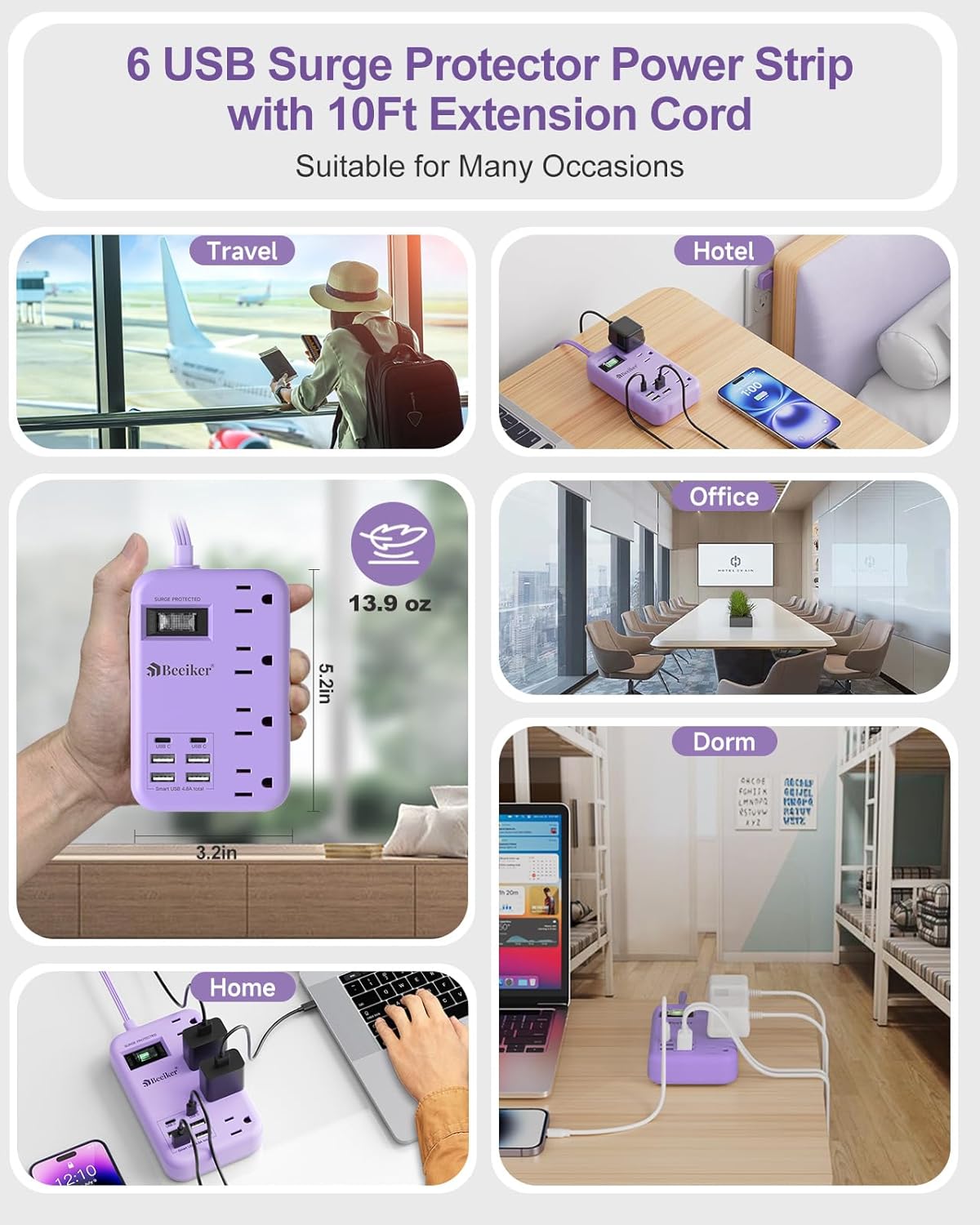 Beeiker 6 USB(2 10 24W 4 USB C) Purple Surge Protector Power Strip- Ft Purple Extension Cord with USB Charging Station