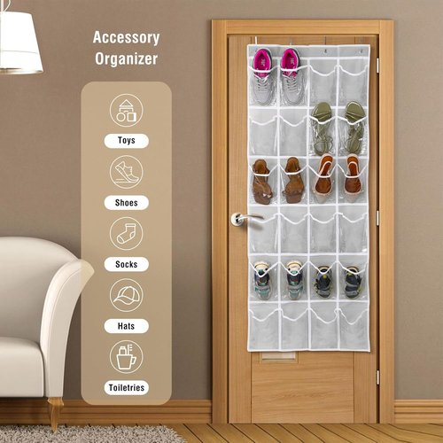 GOMAJI Over The Door Shoe Organizer - 24 Pocket Space-Saving Storage Holder, Gray (64" X 19")