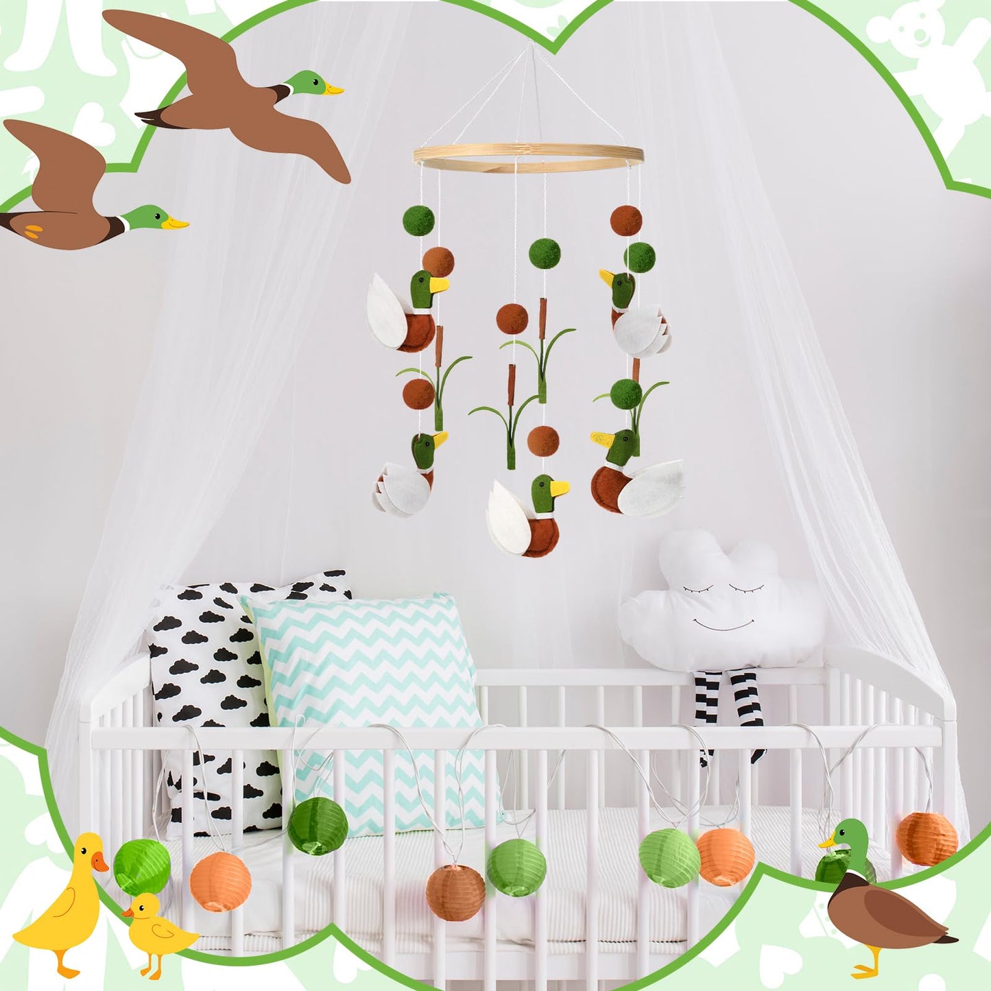 Sonwyoung Mallard Duck Baby Mobile for Crib Nursery Felt Wooden Wild Mallard Duck Hanging Decor for Infant Mobile Crib Newborn Gift for Boys Girls Stuff Neutral