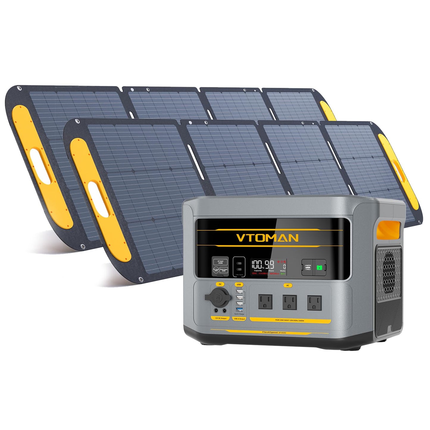 VTOMAN FlashSpeed 2400 Portable Power Station With 2x 200WPro solar panel, 1408Wh LiFePO4 (LFP) Battery, Full Charge in 58 Min,2400W(Peak 3200W) Solar Generator for Home Backup Power, Camping & RVs