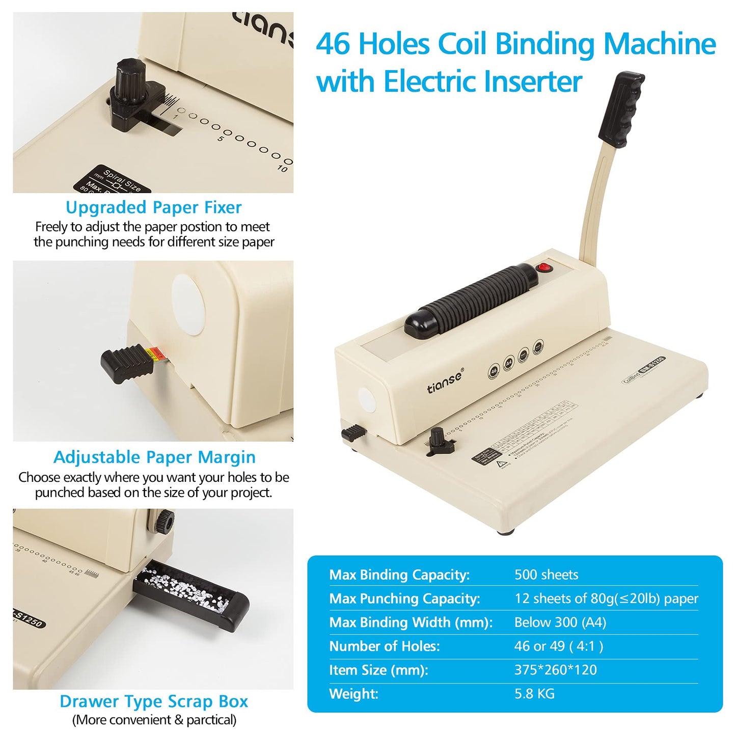 TIANSE Binding Machine - Electric Coil Inserter for Professional Binding, 12-Sheet Punch, for Letter/A4/A5 & Plastic/Metal Coils, with 100 Coil Spines & Pliers for Home, Office, School, DIY