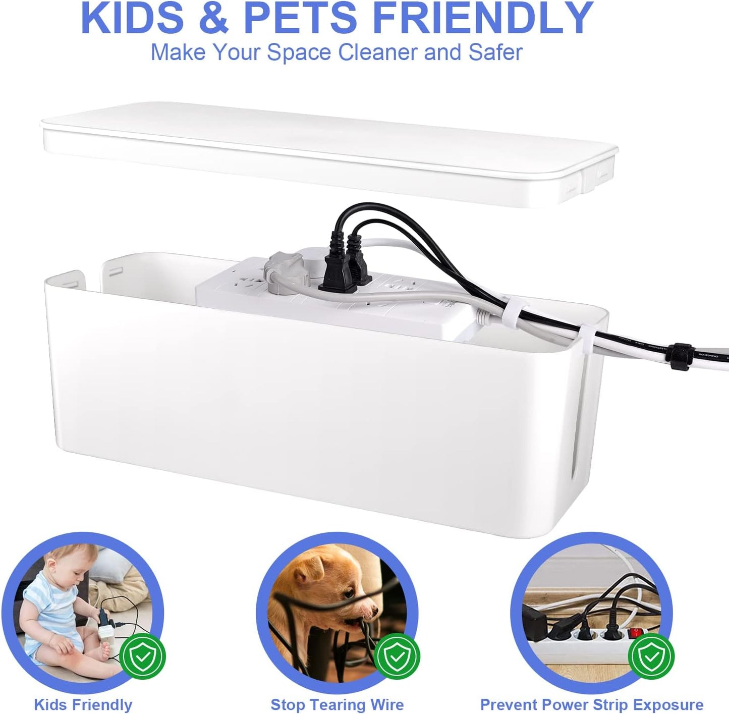 Naeety Set Cable Organizer Box of Three, Power Cover Cord Holder Surge Protector for Desk (White)