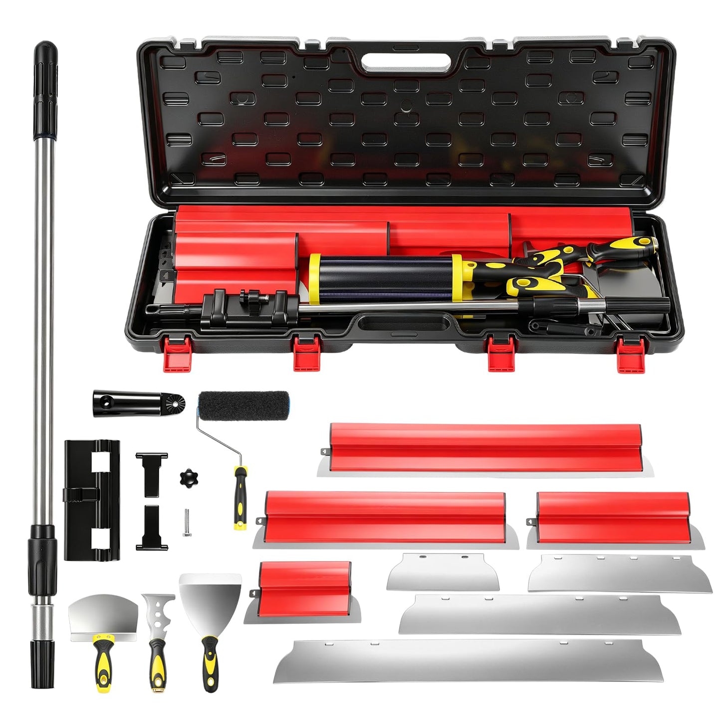 Drywall Skimming Blade Set with Portable Case, 10”+16”+24”+32” Skimming Blades, 9” Drywall Compound Rollers, 32-51inch Extension Handle Taping Knife Arc Scraper Tools for Drywall/Plaster/Wallboard